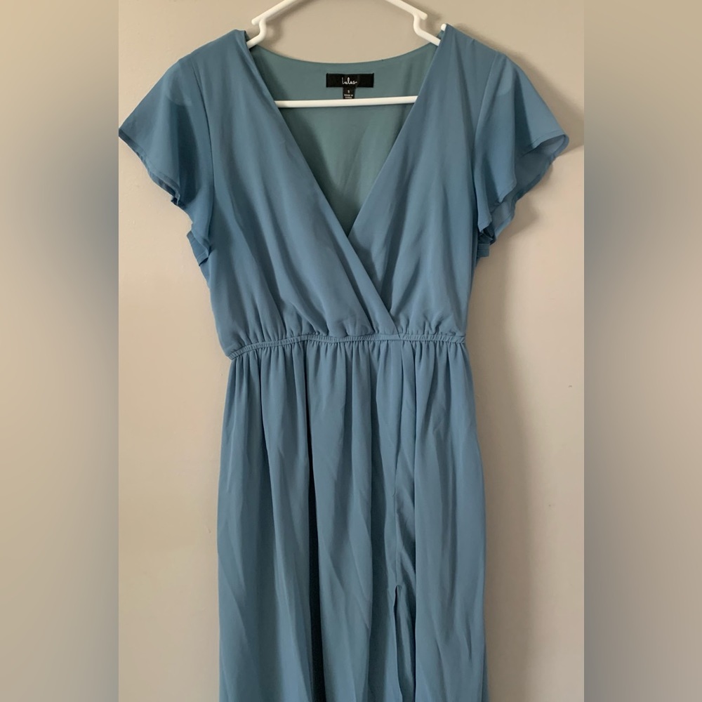 Slate Blue Cap Sleeve V-neck Maxi Dress